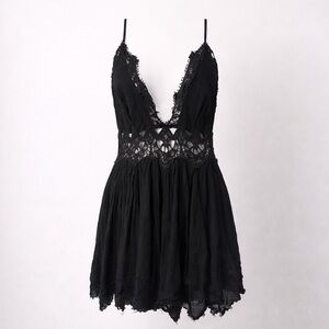 Free People FP One Black Lace Trim Boho Mini Dress Slip Small